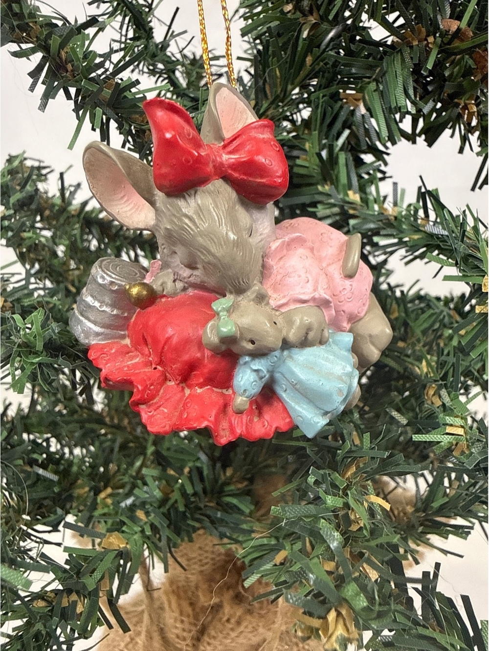 Vintage Style Mouse Figurine Christmas Ornament with Red Bow and Dress